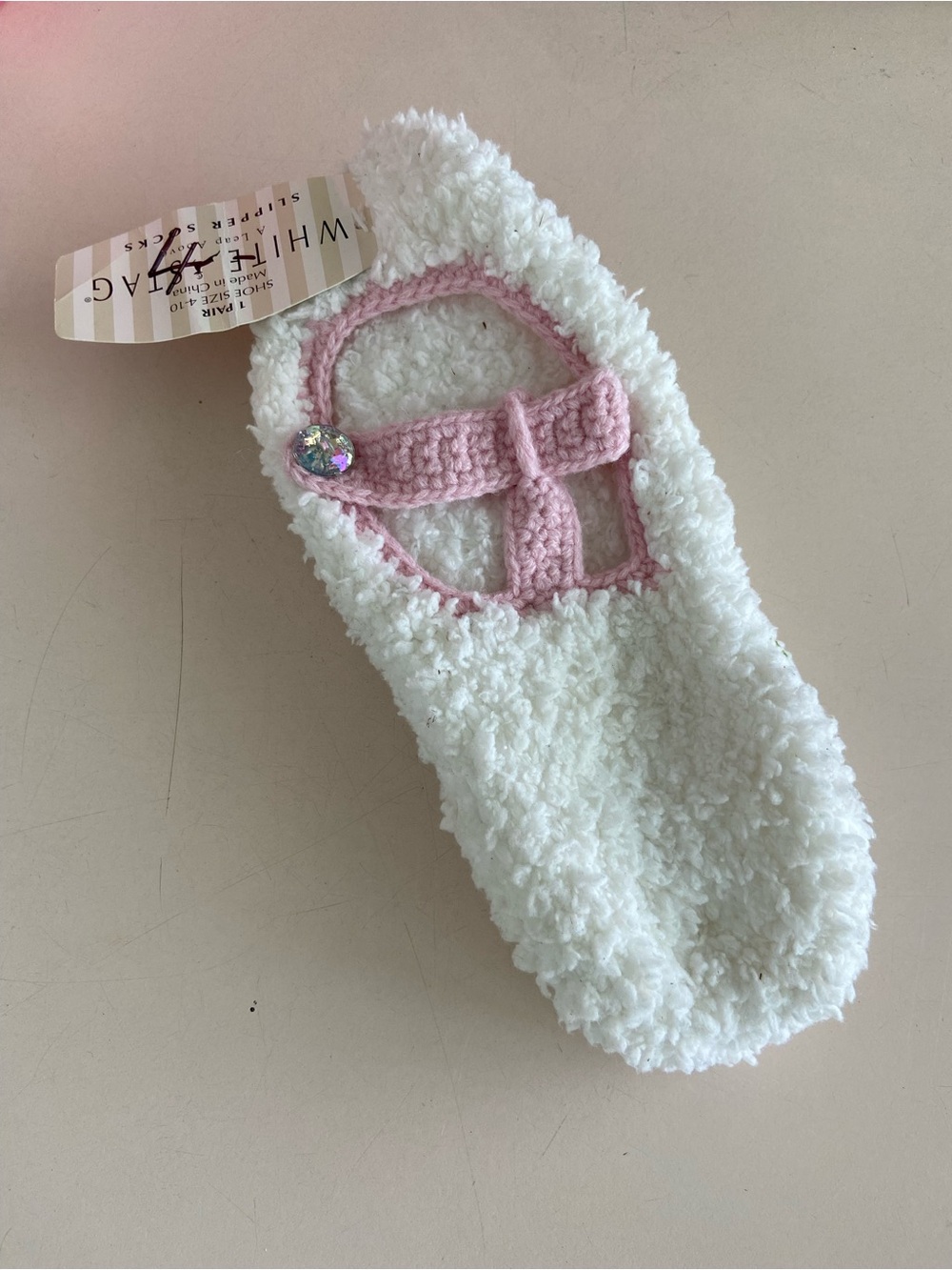 White Stag Plush Mary Jane Sock with Pink Strap and Sparkle Button